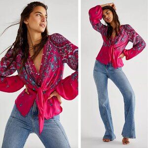 Free People Run Free Blouse Pink Paisley Bohemian Romantic Whimsical Resortwear